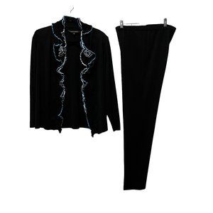Ming Wang Pant Suit Ruffled Front Jacket Comfortable Knit Pants
